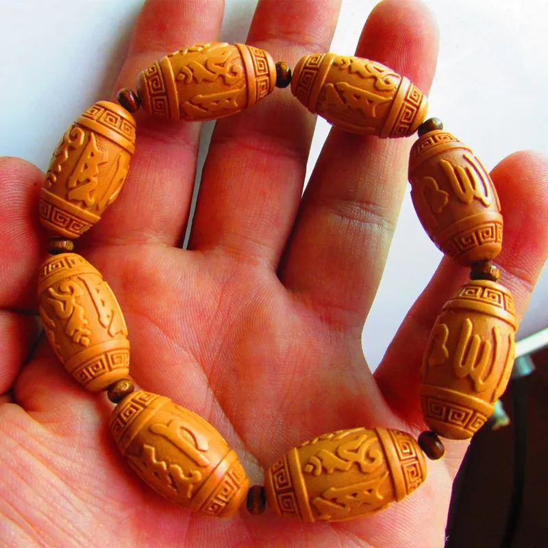 Olive Stone Six-Word Mantra Buddhist Bead Carved Accessory Bracelet