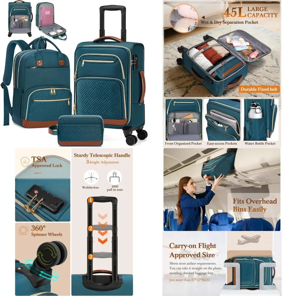 Juego de equipaje de mano con ruedas Softside aprobado por aerolínea de 20 pulgadas, maleta de 3 piezas con ruedas, compañero de viaje para todos los viajes