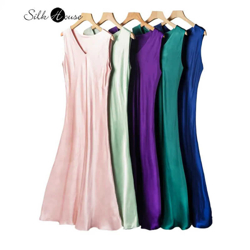 

Summer New Style 100% Natural Mulberry Silk Plain Satin 45 Degree Diagonal Cut Women's Solid Color Casual V-neck Vest Dress