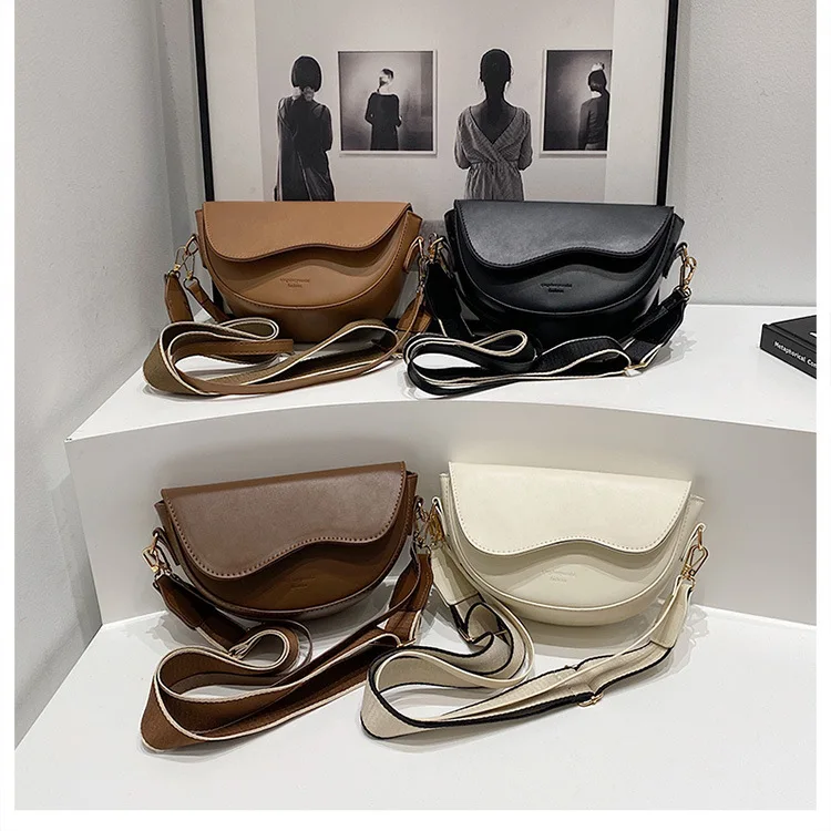 

Women Vintage Solid Color Flap Small Saddle Shoulder Underarm Bag Fashion PU Leather Wide Strap Crossbody Bag