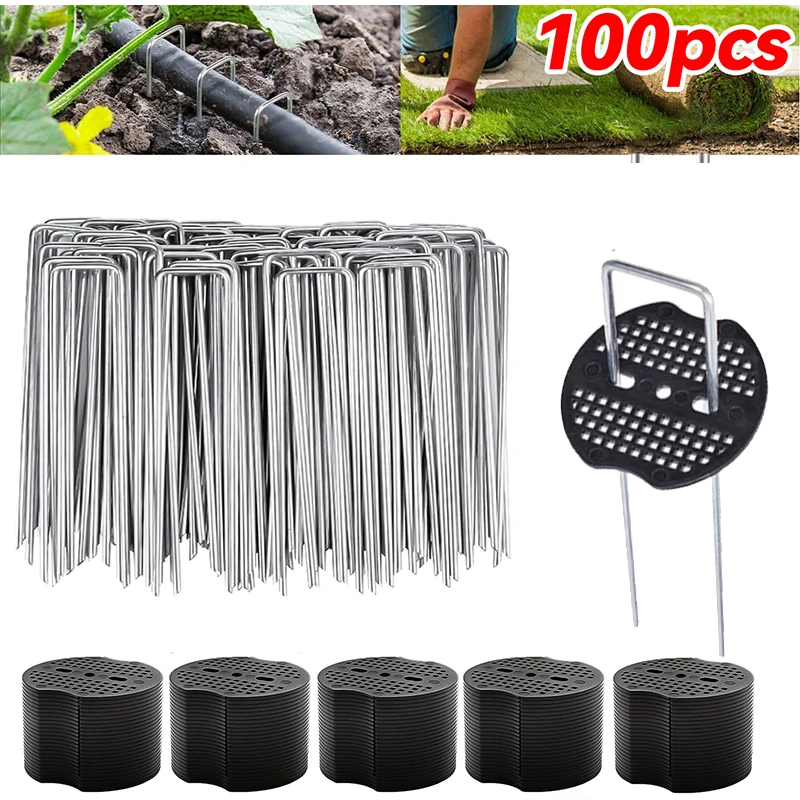 100-400pc U-Shaped Garden Ground Peg with Buffer Washers Spike Fence Stakes Turf Tent Securing Pegs Outdoor Landscaping Anchors