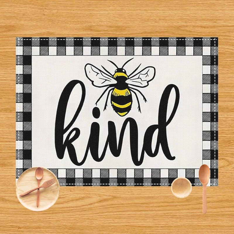 Sunflower Bee Placemat Rustic Country Style Plaid Honeycomb Daisies Kind Kitchen Dining Table Decor Placemat for Dining Table