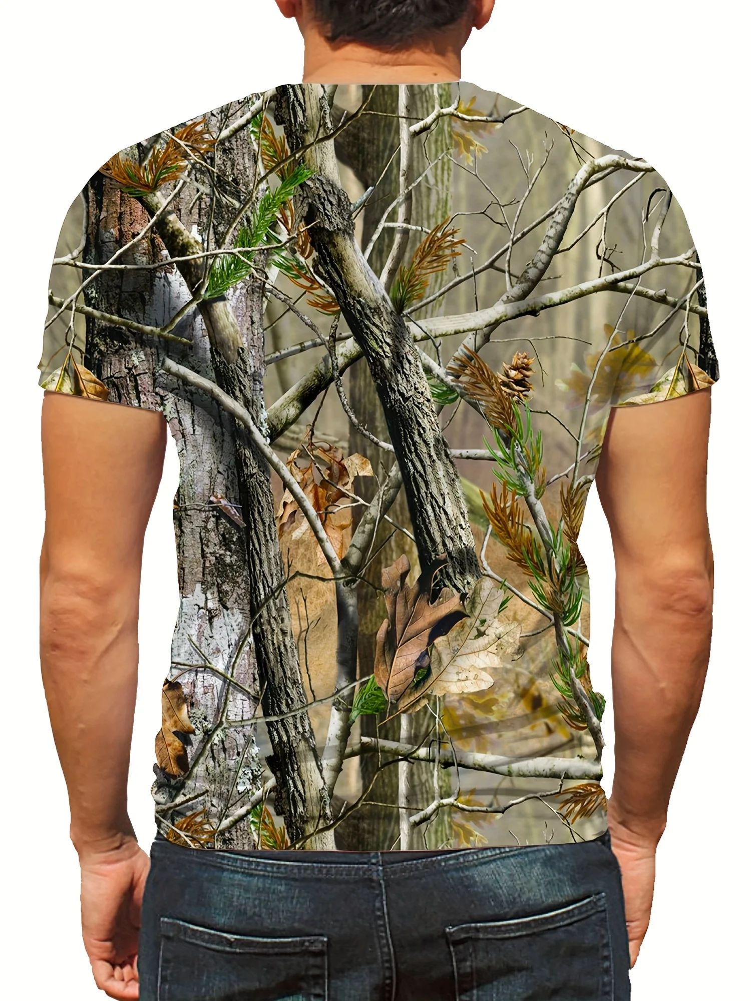 Men's 3D Camouflage Leaves Pattern Print T-Shirt, Plus Size Short Sleeve Crew Neck Tee