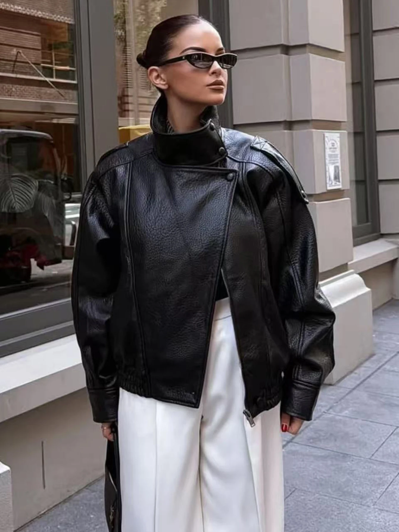 TFMLN 2025, Damen-Jacke aus Kunstleder, lockere Jacke, High Street, Stehkragen, Langarm, Mantel, modisch, kausal, Reißverschluss, Oberbekleidung, Herbst und Winter