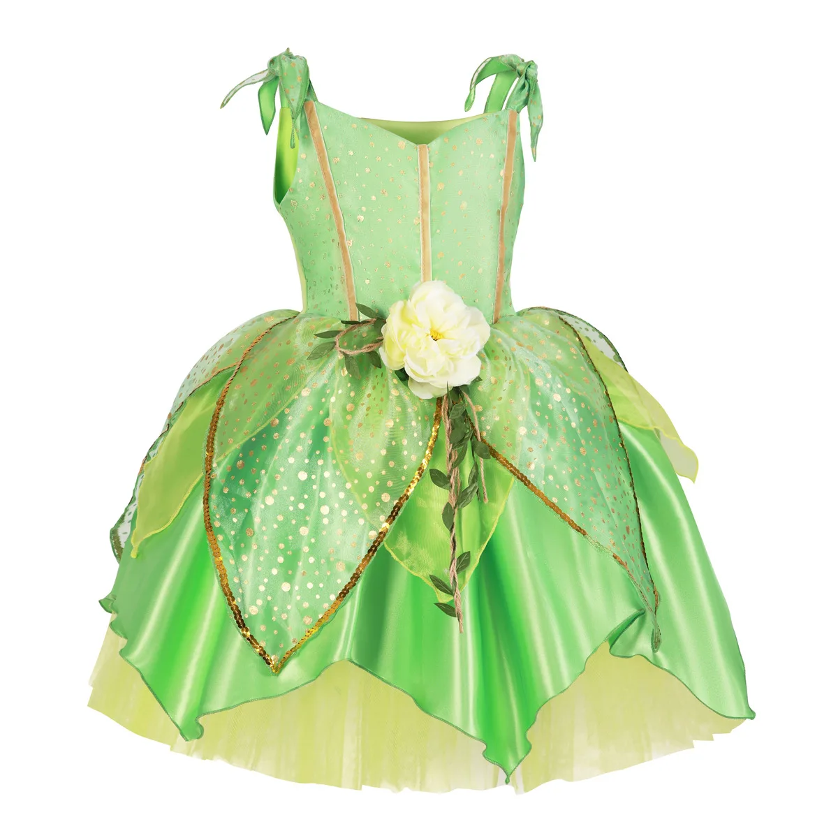 Fairy Tale Princess Costume for Girl Dressy Floral Ball Gown Princess and Frog Cosplay Tiana Halloween Apparel Green Dress 2-10Y image 6