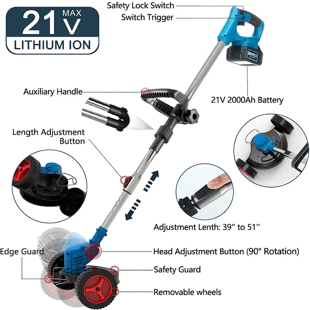 Elektrische Grasmaaier 21V Draadloze Grastrimmer Lengte Verstelbare Cutter Huishoudelijke Tuingereedschap Compatibel Makita 18V Batterij