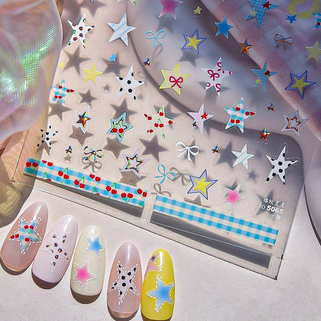 

Colourful Bowknot Pink Blue Five-pointed Star Gird Lovely Blue Lace Cherry Self Adhesive Nail Art Stickers Manicure Decals DIY