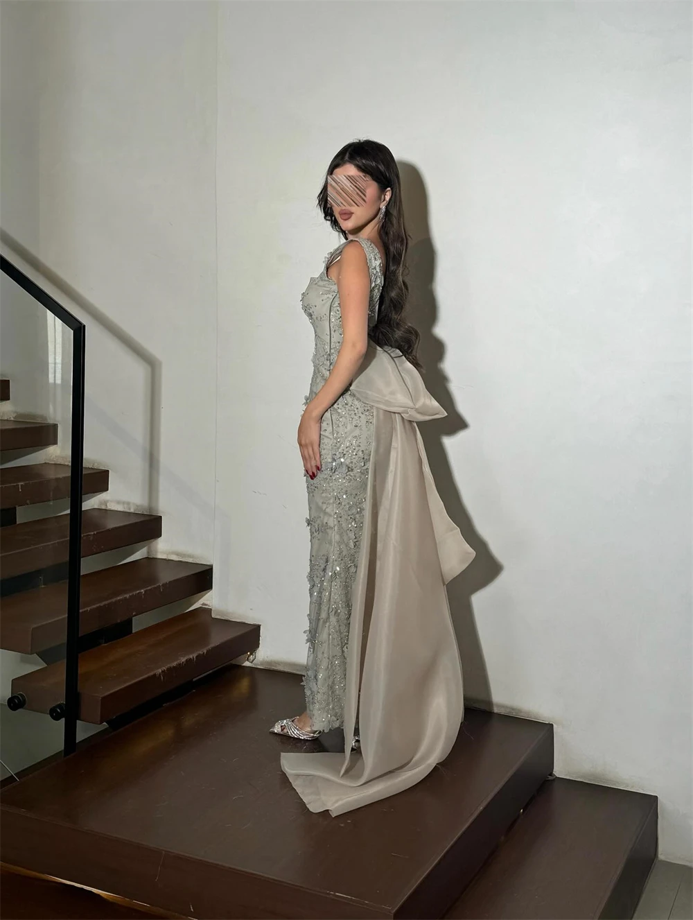 

Customized Simple Green Organza Evening Dress Formal Square Collar Sleeveless Party Dress Soft Mermaid Court Train Prom Dresses