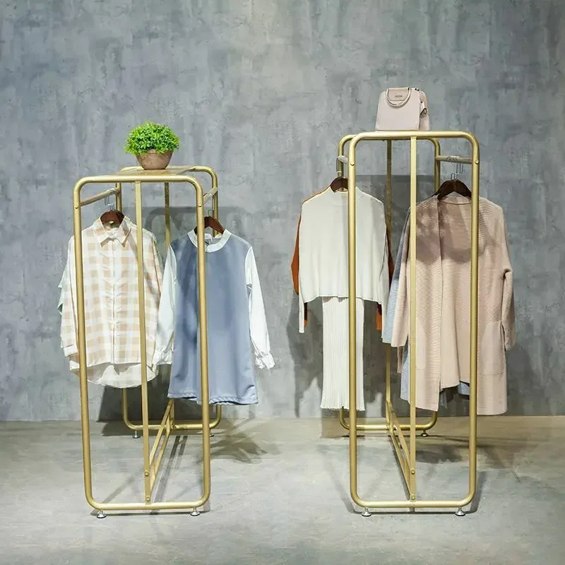 

Clothing Store Display Rack Golden Parallel Bars Shelves Women's Clothing Store Double Row Display Hanging Clothes Coat Racks