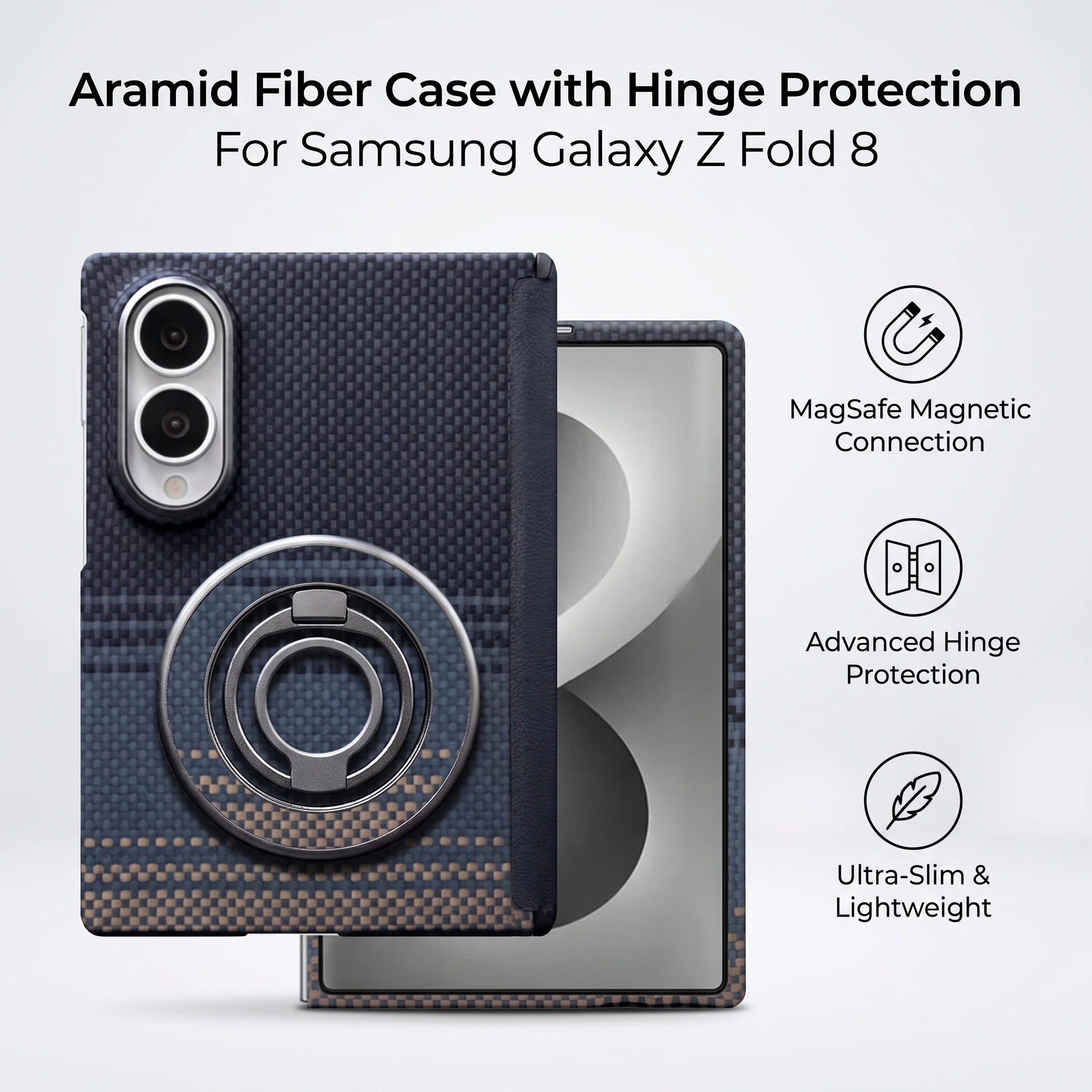 For Samsung Z Fold 8 Aramid Fiber Hinge Protection Case MagSafe Wireless Charge Magnetic Finger Holder Ultra Thin Slim Cover