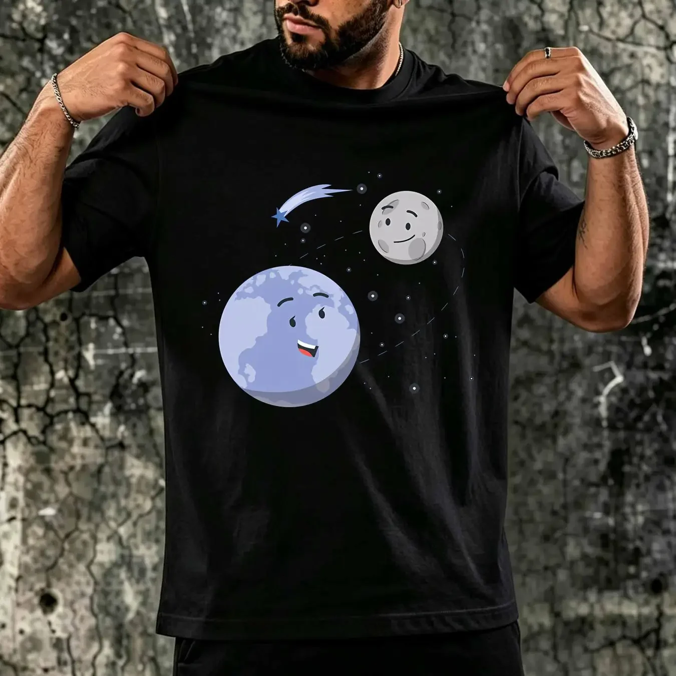 washed T Shirt Moon Circling Earth Planet Astronomy Space vintage Washed Slightly Stylish streetwear graphic Stretched