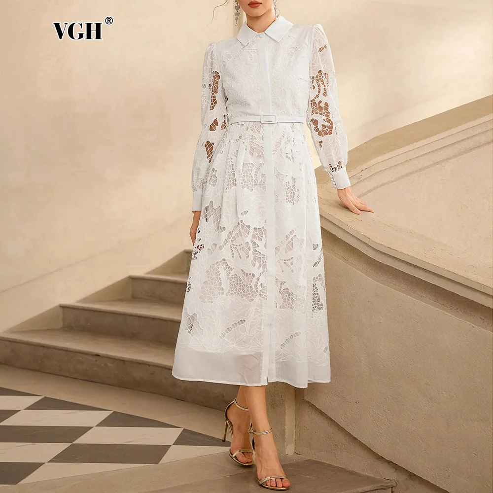 

VGH однотонные милые утягивающие платья во французском стиле для женщин с круглым вырезом и длинными рукавами, с высокой талией, весеннее темпераментное платье, женское новое