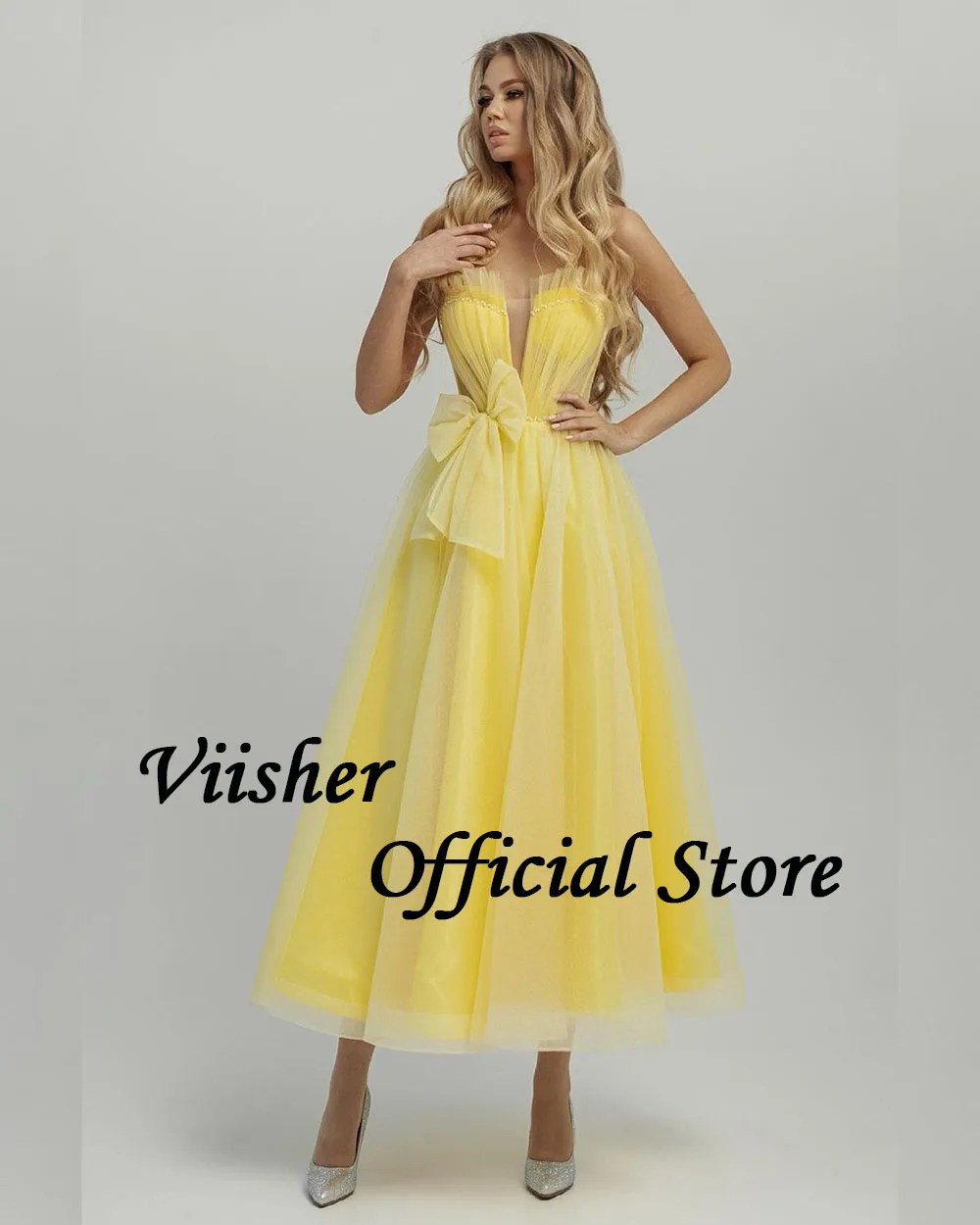 Viisher Yellow Tulle Prom Dresses with Bow Sweetheart A Line Evening Party Dress Ankle Length Celebrate Evetn Gowns