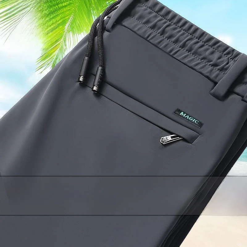 

Модные повседневные брюки из ледяного шелка для мужчин: эластичный пояс, прямой крой, тонкие, свободные, дышащие, летние, для отдыха