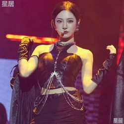 Jazz Dance Costumes Women Nightclub Female Singer Dancer Stage Clothes Black Halter Leather Vest Slim Crop Tops Dance Clothing