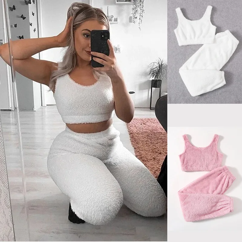 

BKLD New Autumn And Winter Plush Casual Two Pieces Sets Vest Crop Tops Pants Sports Suit Home Wear Women Clothing Solid Color