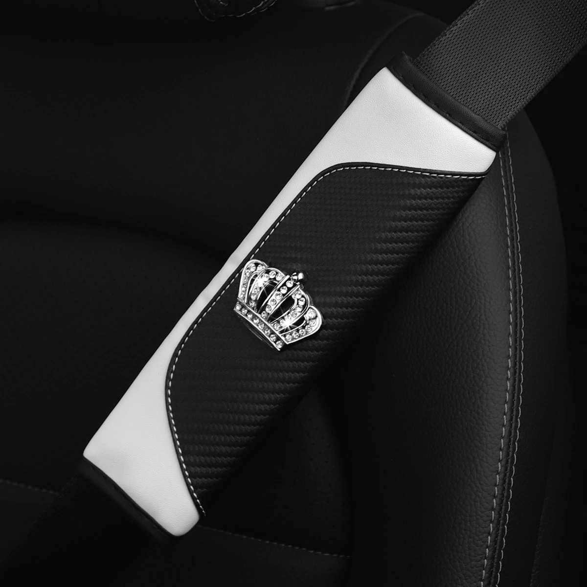 1 set of PU carbon fiber leather diamond-encrusted crown car shoulder guard safety belt decoration for car interior accessories view 5