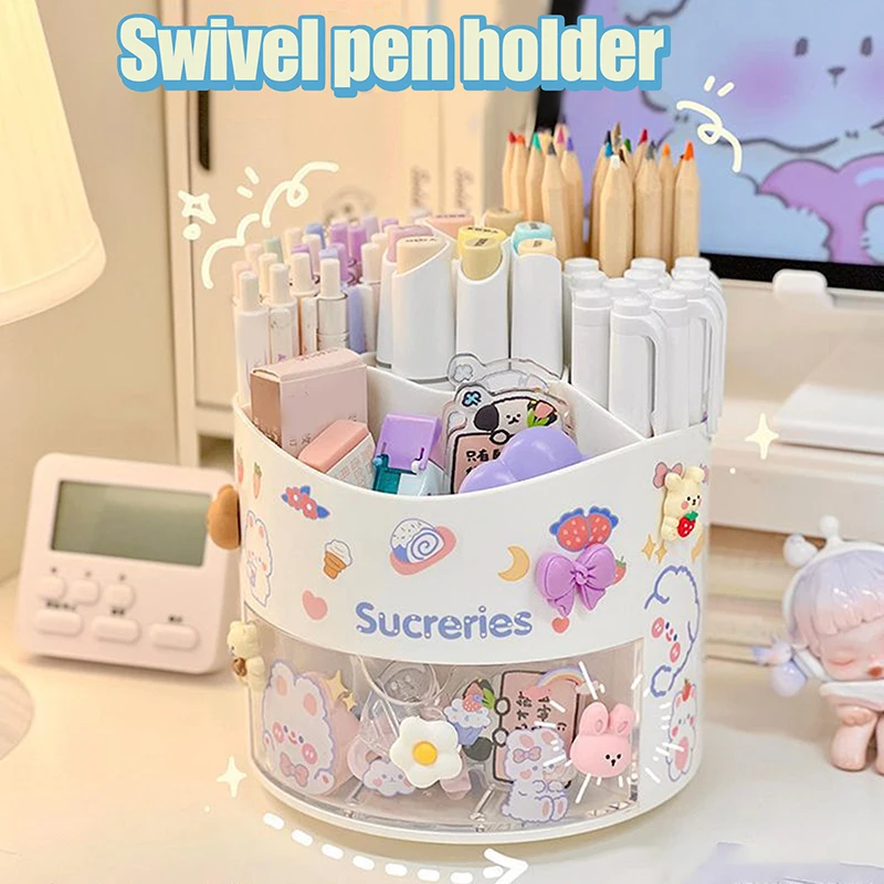 Cute Rotating Pen Holder Desktop Drawer Stationery Box Case School Office Desk Kawaii Stationery Storage Box Organizer Stickers