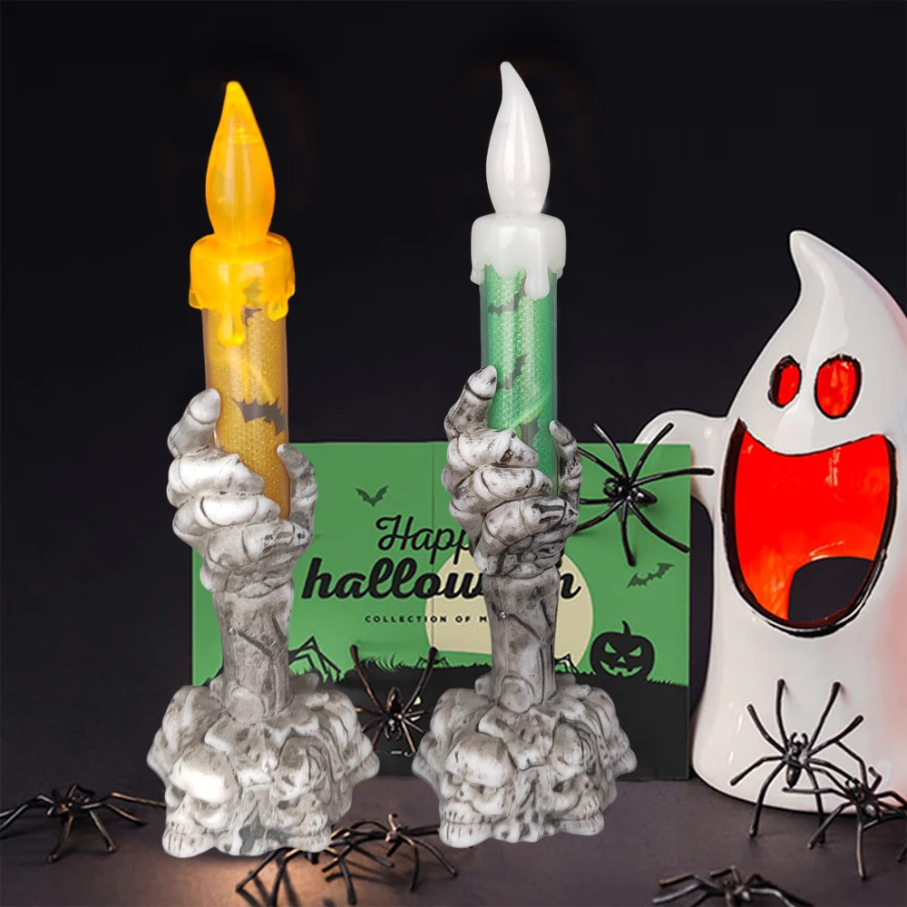 

2Pcs Halloween Skeleton Hand Candle Light LED Skull Candle Decorative Candle Holder Light for Halloween Party Bar Decoration