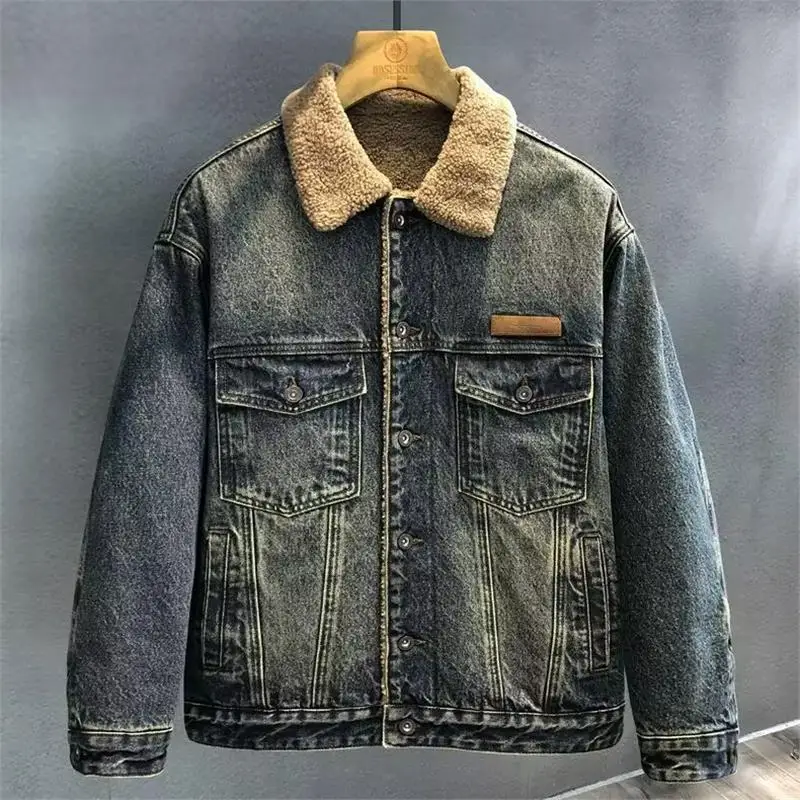 

Lamb Velvet Cotton Jaet Men's Winter Sli Large Size Retro Cool Fce Lined Thi American Sle Denim Jaet Casual