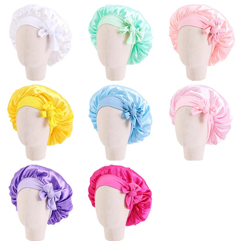 Cappellino in seta satinata solida con cravatta a fascia cappellino da notte per bambini Bowknot cappellino da notte per bambini berretti berretto da trucco per bambina cappellino da notte per bambini