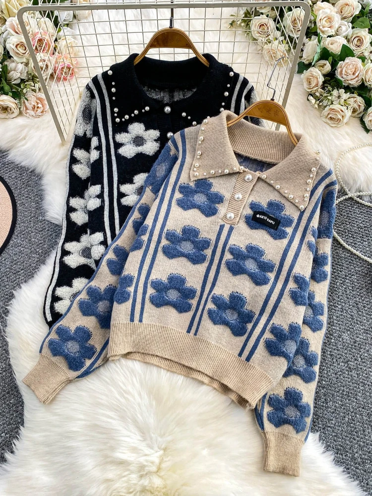 

Advanced Small Fragrant Style Heavy Industry Nail Bead Collar Knitted Sweater Women's Winter New Lamb Wool Splicing Top