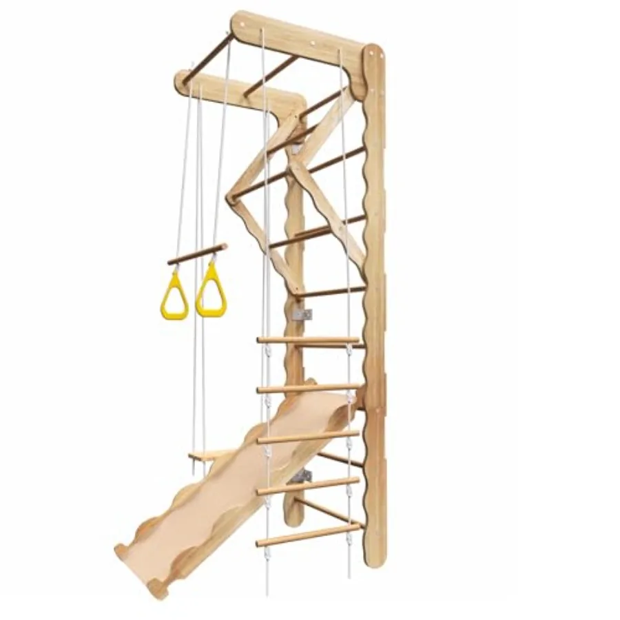 

5-in-1 Wooden Indoor Jungle Gym for Wall-Mounted Swedish Ladder with Pull-Up Bar Rings Swing and Slide Montessori-Inspired Play