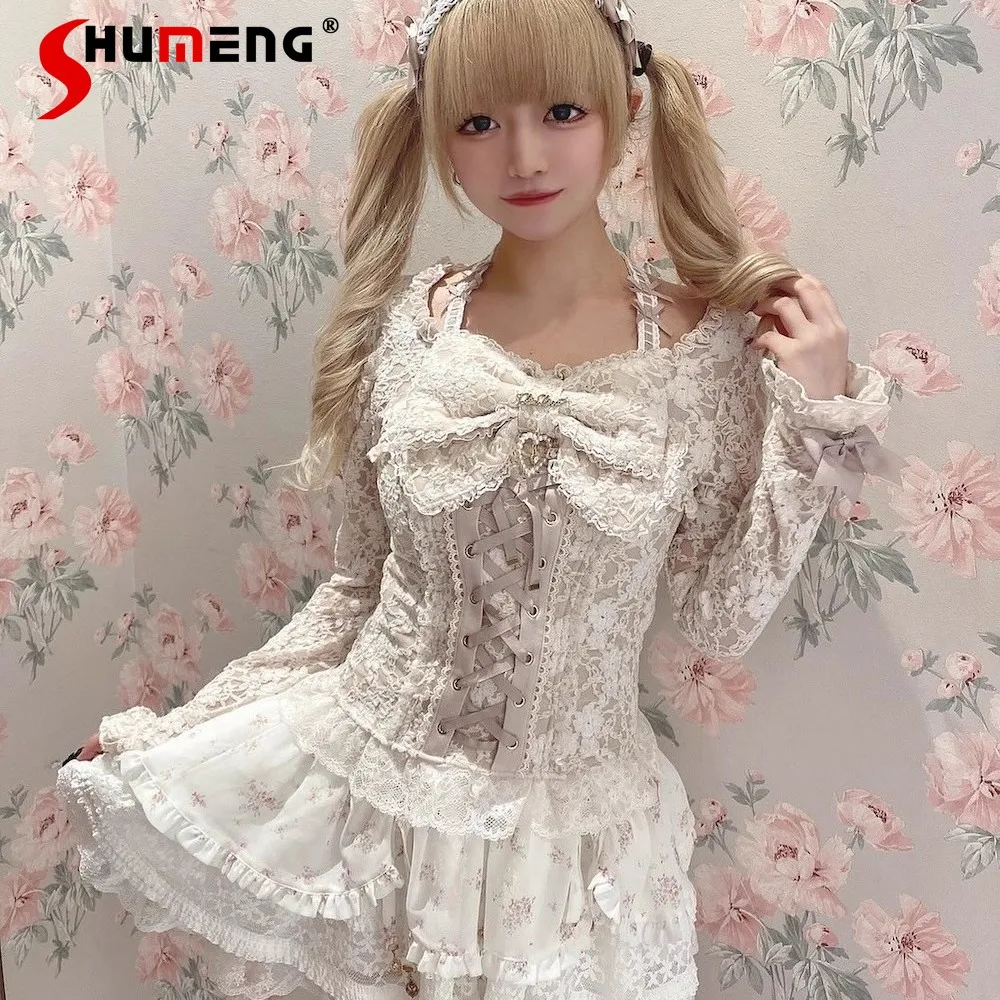 

Элегантные милые рубашки в стиле Лолиты в японском стиле с квадратным воротником и бантом, с длинными рукавами на шнуровке, тонкие универсальные рубашки в стиле Лолиты, кружевная блузка для женщин