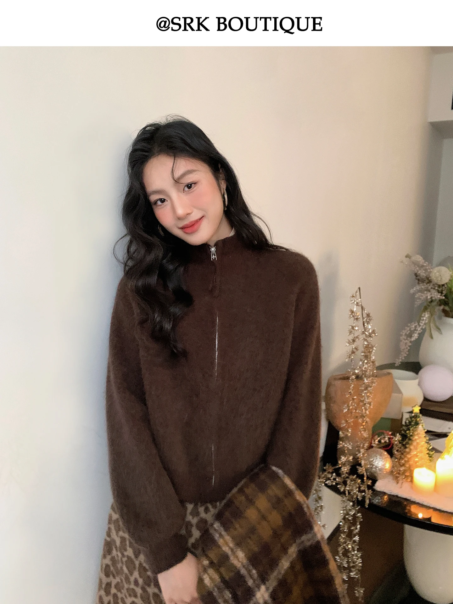 

SRK Vintage Zipper Knitted Soft Sweater Collared Open Cardigan Women's Faion Warm Breathable Regular Fit ort Length