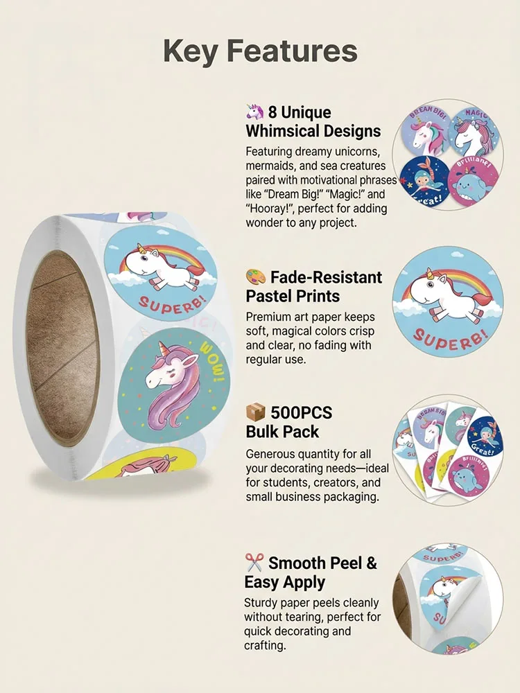 500Pcs Unicorn&Mermaid Sticker Roll 2.5cm/1.0in Party Favors Art Decals Stationery Labels Gift Sealing&Packaging Supplies