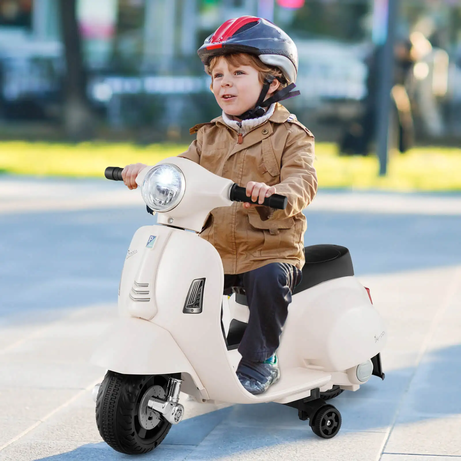 Motocicleta con ruedas de entrenamiento para niños, bocina de Faro, batería de 6V