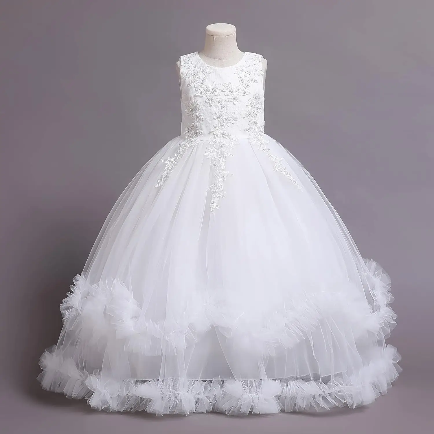 ノースリーブサテンレース刺繍誕生日パーティーダンスドレス、ゴージャスな聖餐式ドレス、花刺繍フリルフラワーガールドレス