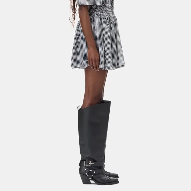 المرأة جلد أسود الركبة عالية أحذية رعاة البقر مشبك حزام التفاصيل أشار تو كتلة كعب النمط الغربي أحذية الموضة الطرف #3