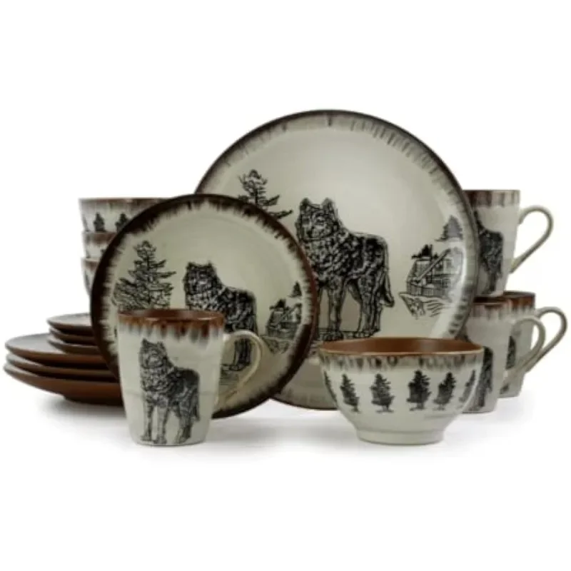 Cabin Dinnerware Dish Set, 16 Piece, Elk Design with Warm Taupe and Brown Accents