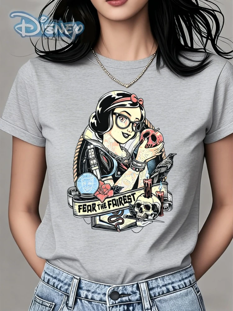 ديزني 2026 جديد ديزني ديابلو سنو وايت شخصية موضة طباعة المرأة تي شيرت سهل الموضة حجم كبير كم قصير