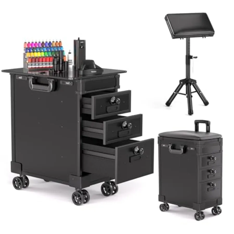 

Регулируемый дорожный футляр для татуировки с 3 ящиками и подлокотником для татуировки Портативная рабочая станция 5 в 1, поворот на 360 градусов W
