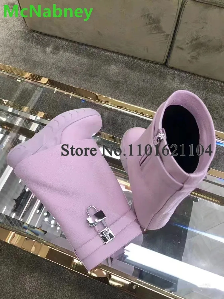 Pink Lock Thick Sole Luxury Shark Boots for Female Women 2024 Wedge Heel Round Toe Fashion Runway Elegant Solid Mid-Calf Shoes