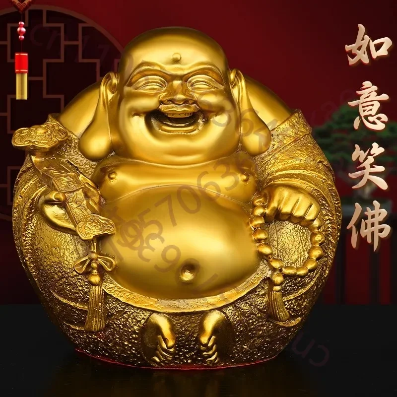 Solid Brass Laughing Buddha Statue, Smiling Maitreya Buddha Figurine for Good Luck & Harmony, Home Office Zen Decor