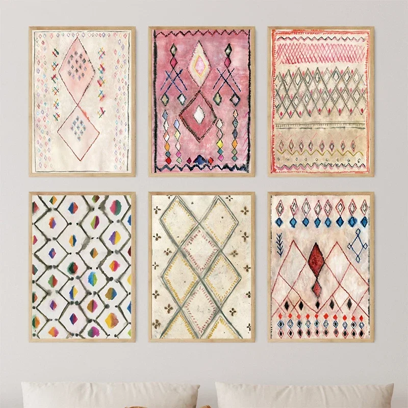 1PCS frameless 2D Flat Printing   Moroccan Rug Watercolor Art Print Blush Pink Rug Painting Canvas Poster Modern Boho Wall Pictu