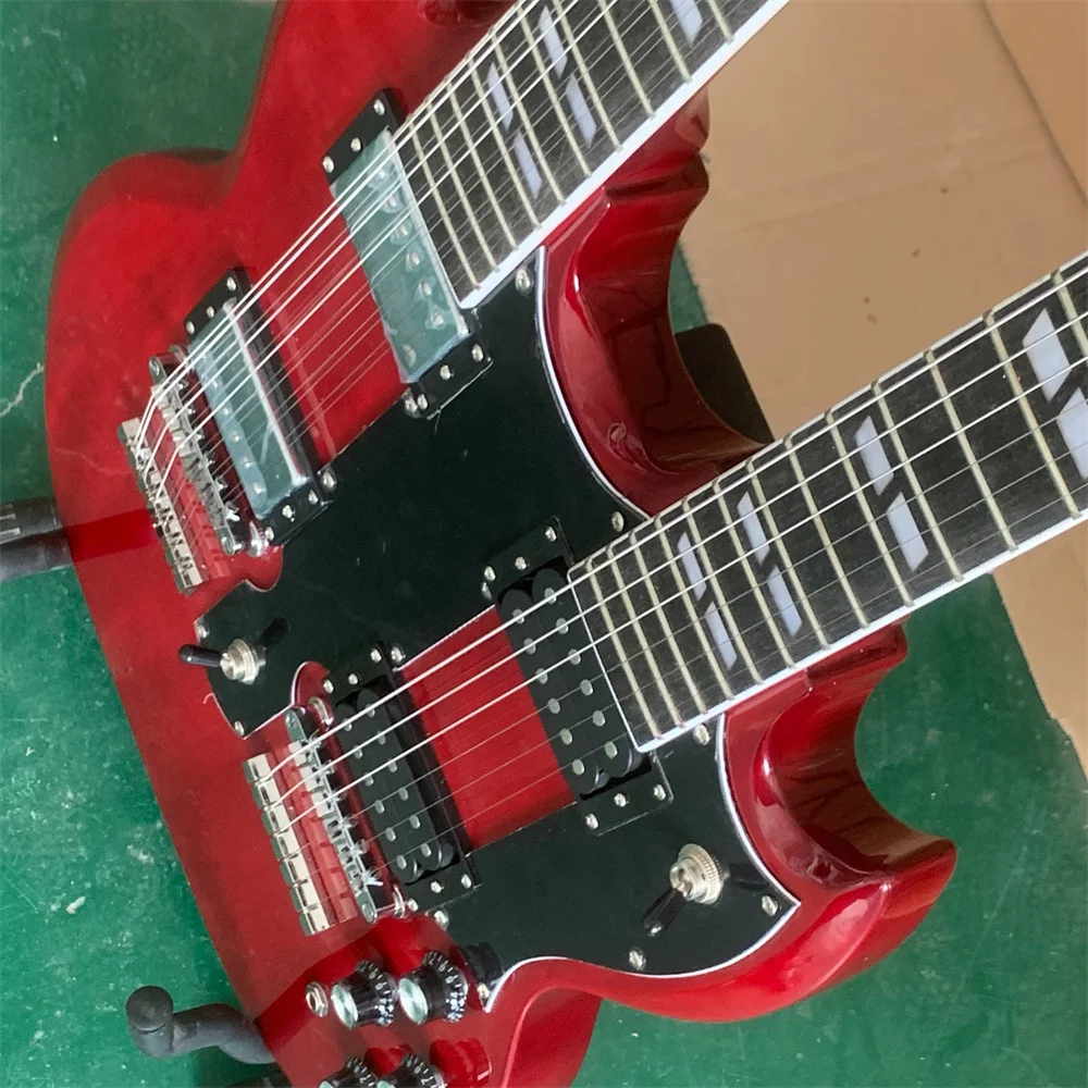 Free Shipping Top Transparent Red Solid Chrome Plated 12/6 String Double Neck Electric Guitar