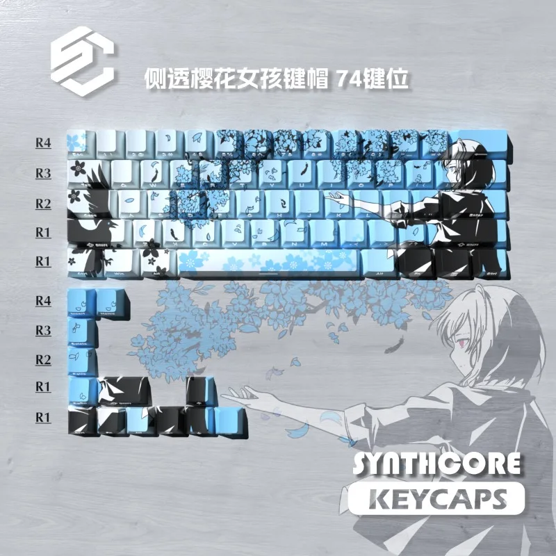 74Keys Mechanical Keyboard Keycaps Sakura Raven for 60/61/68 Side Engraved Translucent Customized Gaming Keyboard Accessories
