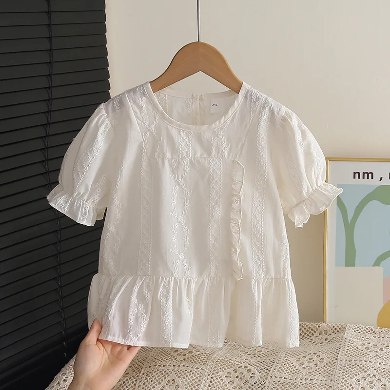 Bow Lace Collar Cute Button Cardigan Girls Children Summer Round Neck Short Sleeve White Shirt Children's Blouse Girls Kid Daily