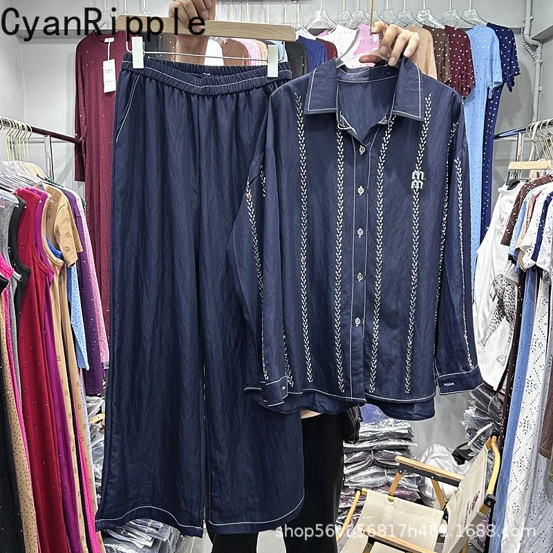 

Модные женские джинсовые комплекты весна-лето: кардиган с длинными рукавами и стразами + повседневные широкие прямые брюки с эластичным поясом