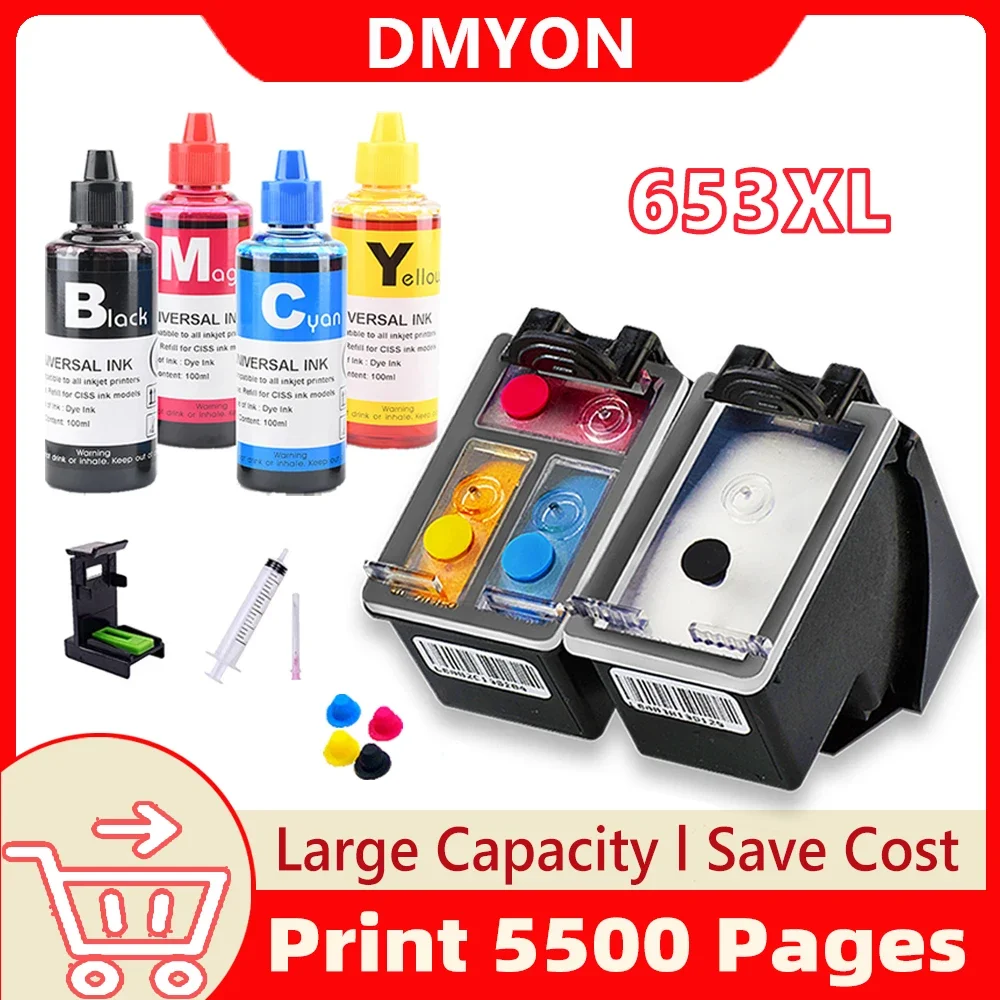 DMYON 653XL Refillable Ink Cartridge for HP Deskjet Ink Advantage 6075 6475 Printer Replacement for HP Inkjet 653 XL hp653