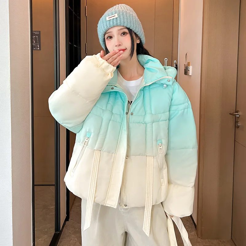 Parkas Short Coats Women Hooded Zipper Jackets Gradient Thick Warm Y2k Streetwear Elegant Jacket Work Coat Autumn Winter