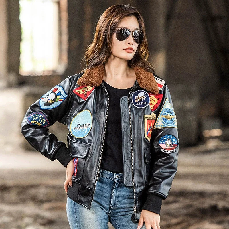 

Black TOP GUN Pilot Leather Jacket Women Wool Collar Military Style Natural Sheepskin Aviation G1 Genuine Leather Coat