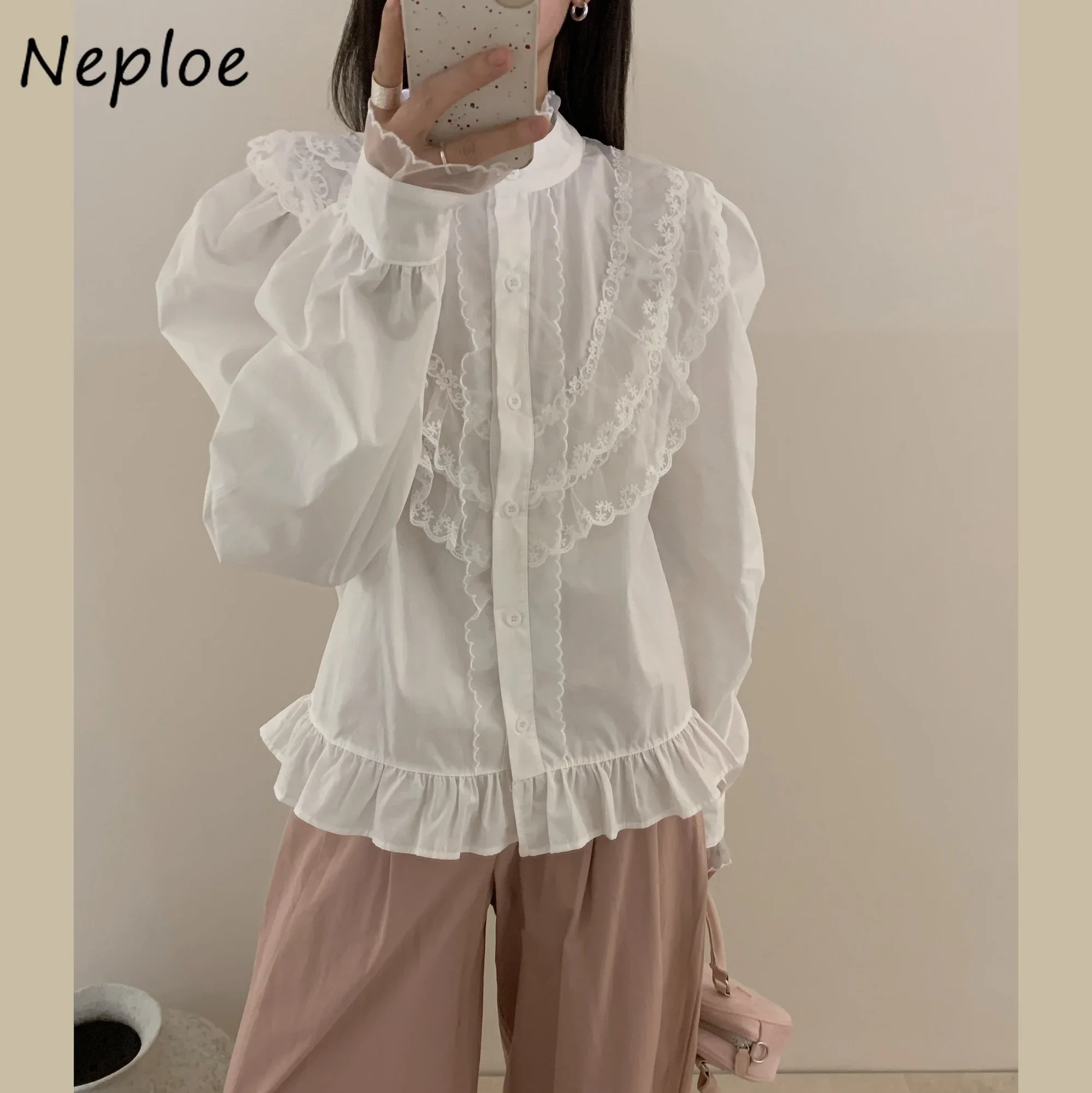 Neploe Casual All-match Early Spring Blusas Mujer Vintage Lace Patchwork Fungus Women Clothing Heavy Puff Sleeve Solid Shirts