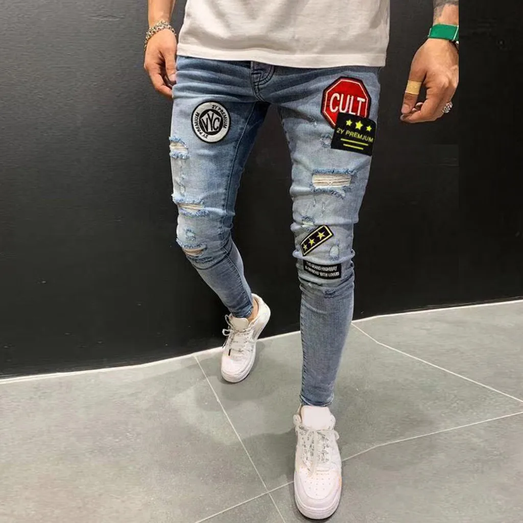 

Men Skinny Slim Pencil Denim Pants Ankle Length Jeans Ripped Hole Zipper Fashion Casual Jeans Pants ropa hombre