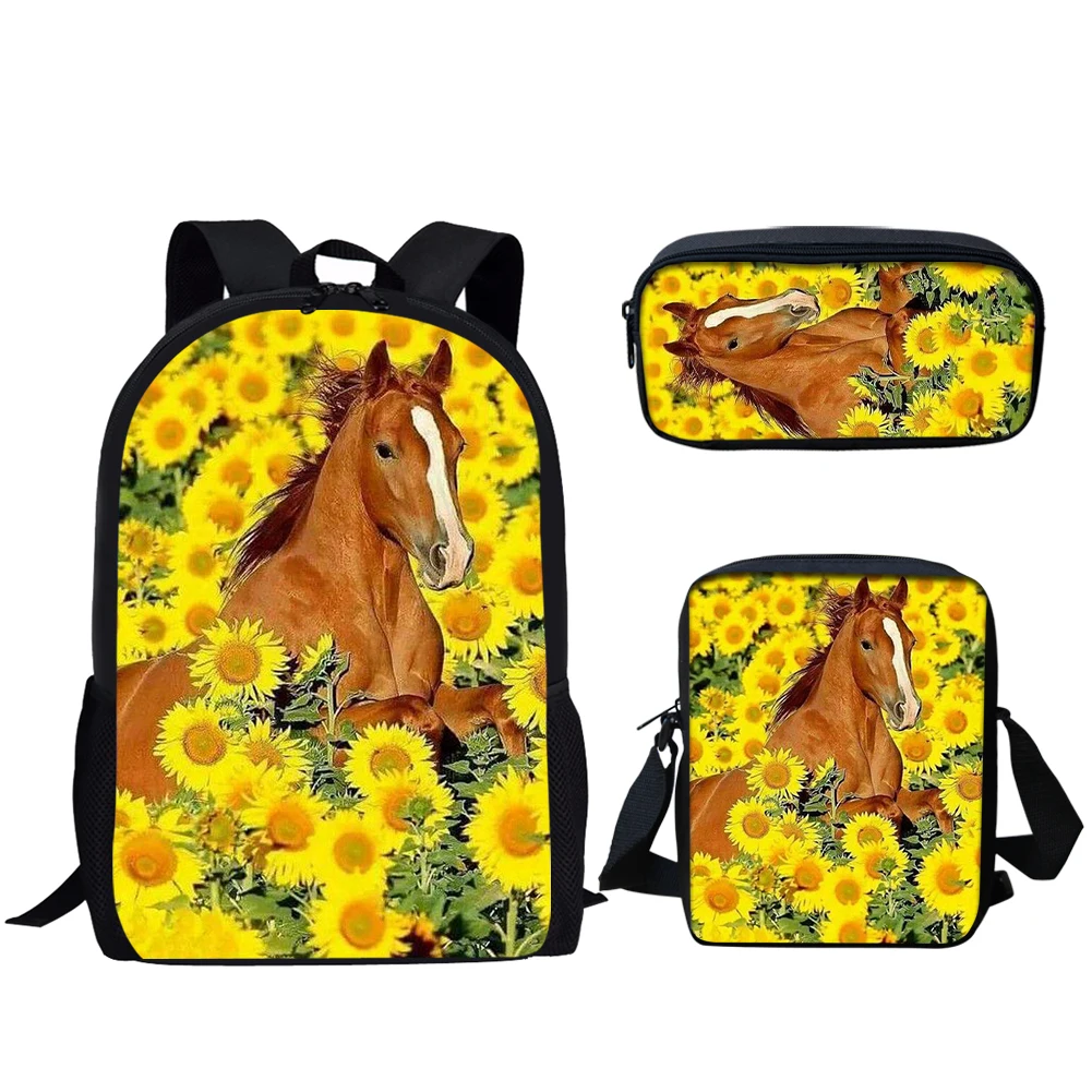 Sunflower Horse Print 3 buah tas sekolah ransel kasual remaja laki-laki perempuan tas buku siswa tas makan siang tas pensil ransel harian