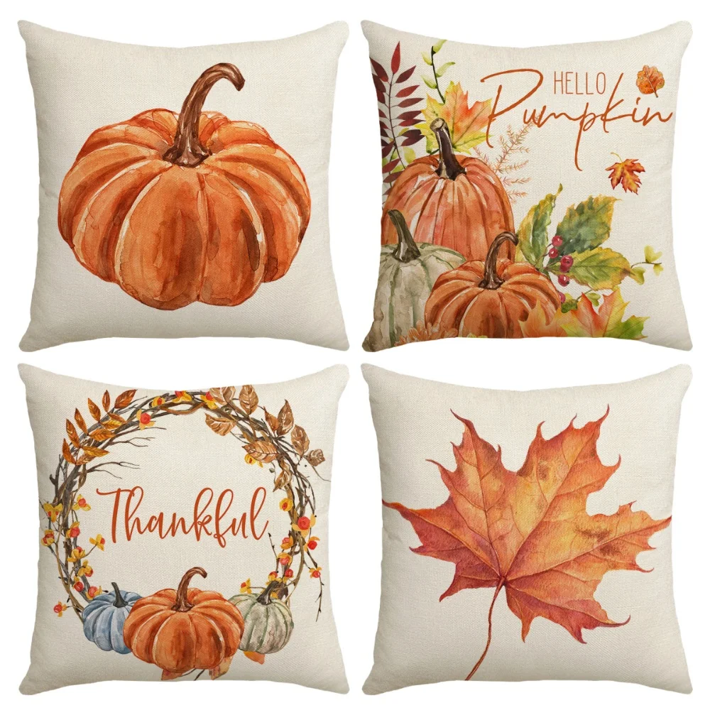 

1pc/4pcs Thanksgiving Cushion Cover Autumn Pillow Pumpkin Maple Leaf Printed Decorative Sofa Pillow Cover